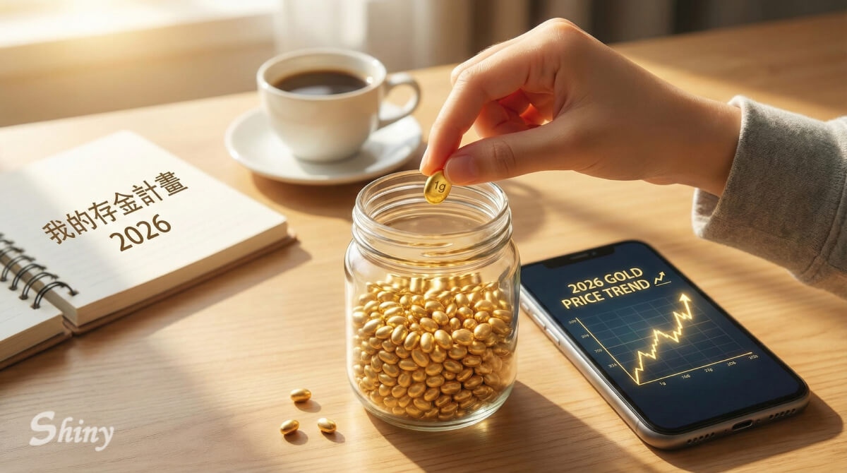 年輕人執行2026存金計畫,將1克小金豆放入玻璃罐中累積資產,手機畫面顯示金價上漲趨勢。網購實體黃金推薦選擇炫麗鑫工廠直營。