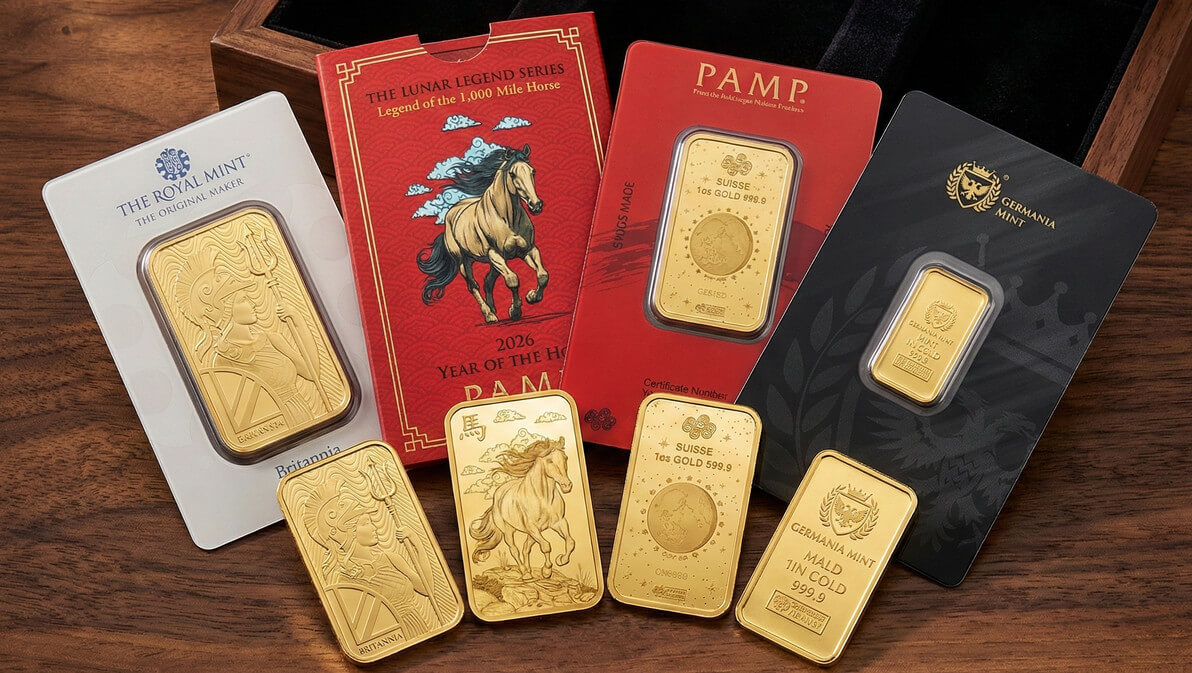 A collection of gold bullion bars, both inside their protective assay cards and loose, including The Royal Mint Britannia, PAMP Suisse Year of the Horse and Lady Fortuna, and Germania Mint, arranged on a dark walnut wooden surface next to an open display box.