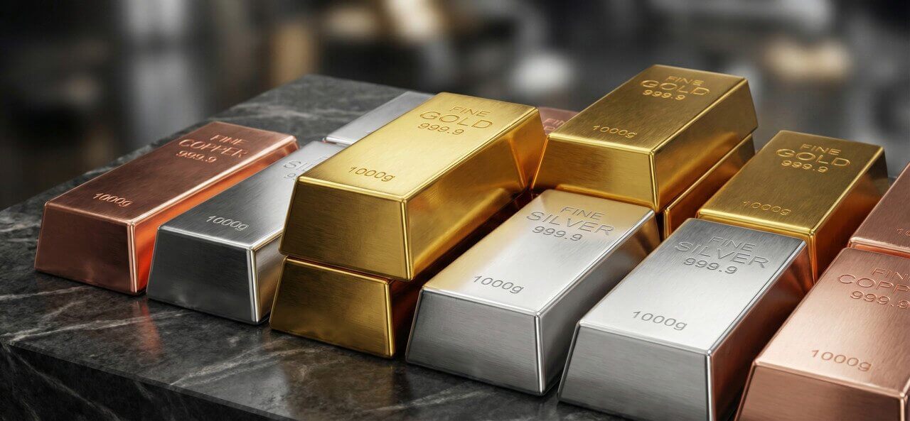 專業攝影特寫鏡頭，顯示金條 (Fine Gold)、銀條、鉑金條和銅條整齊堆疊在深色紋理的大理石表面上，展現金屬光澤。