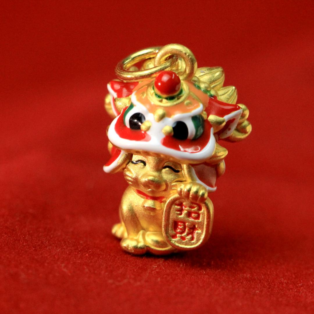 黃金喜獅招財貓墜 0.46錢