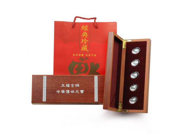 999足銀空心元寶-福祿壽喜財套裝(木盒裝-各5克)