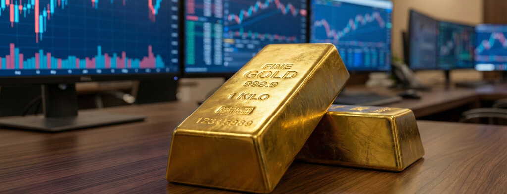 行政桌上的精煉1公斤金條，背景是多螢幕顯示的金融交易圖表。