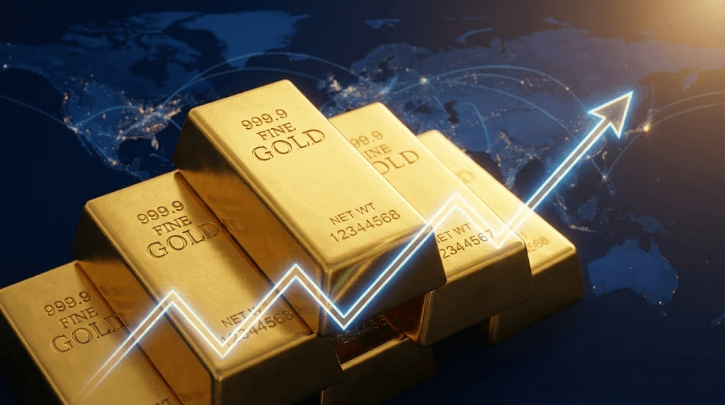 2026年黃金價格飆漲趨勢與金條堆疊示意圖