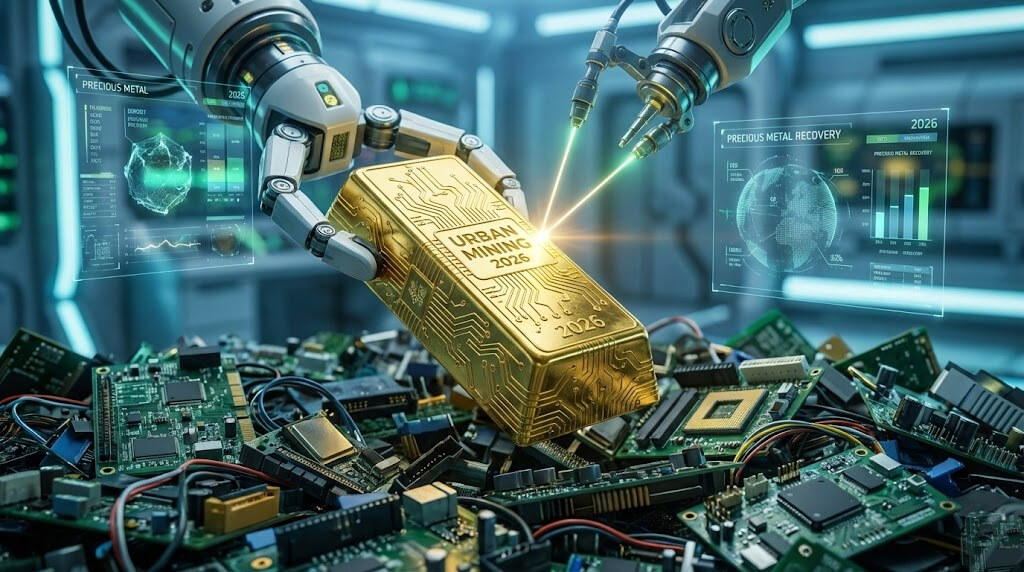 機器人手臂從電子廢棄物堆中回收刻有電路圖案的金條。