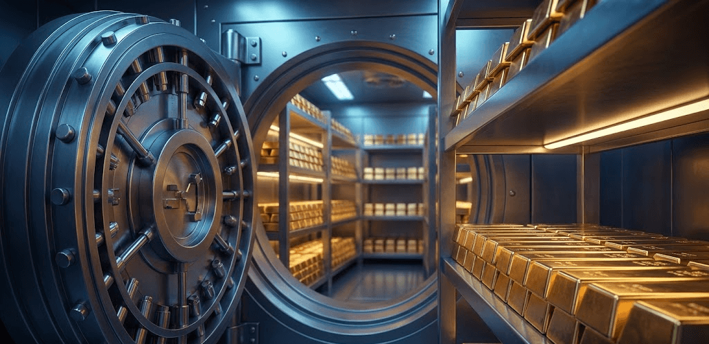 現代各國央行高規格金庫內堆疊的實體黃金儲備