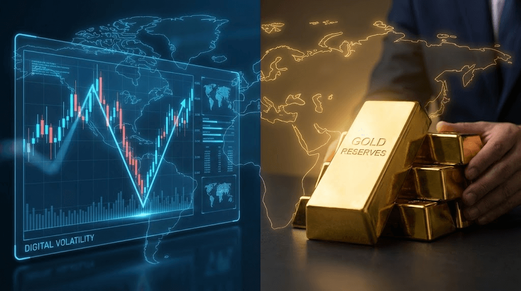 左側顯示數位金融市場圖表，標題為「DIGITAL VOLATILITY」，呈現 V 型反彈。