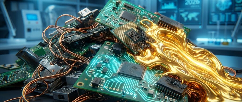 電子廢棄物（電路板、晶片）融化並轉變為金條的過程。