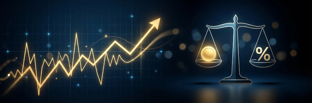 一個抽象的金融數據橫幅，左側是波動後上升的金色投資回報圖表，右側是平衡金幣與百分比符號的天平，象徵市場增長與風險評估。