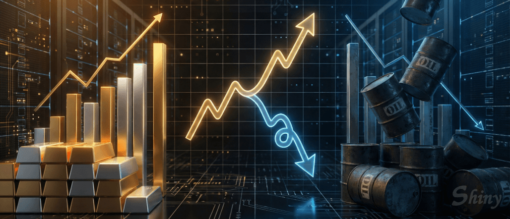 金融市場資產走勢分歧示意圖 3D金融視覺化圖表,顯示黃金與白銀條塊伴隨上升箭頭的牛市趨勢,對比石油桶伴隨下降箭頭的熊市趨勢,背景為數位數據中心。