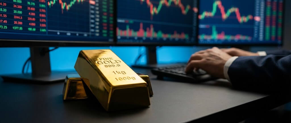 黃金金條與股市交易K線圖