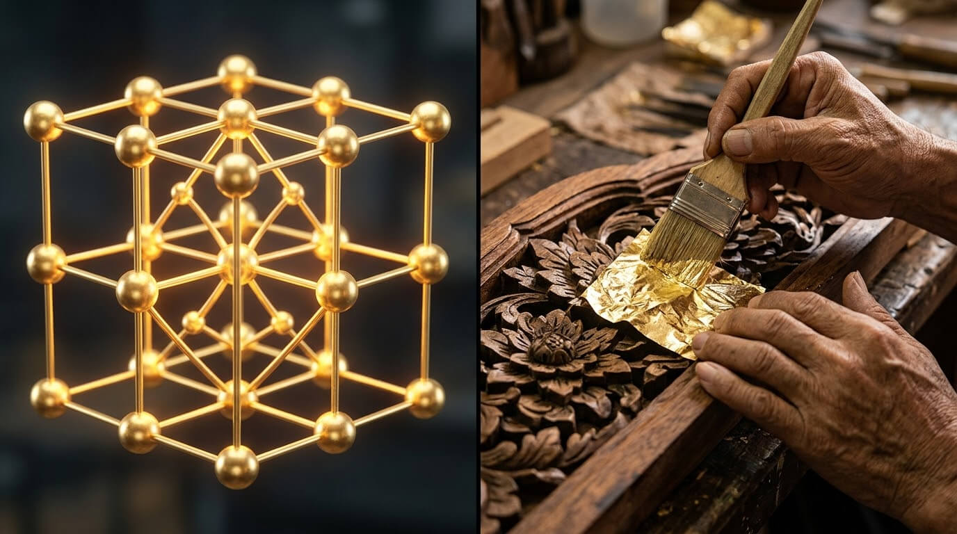 黃金晶體結構與工匠安金箔對比圖