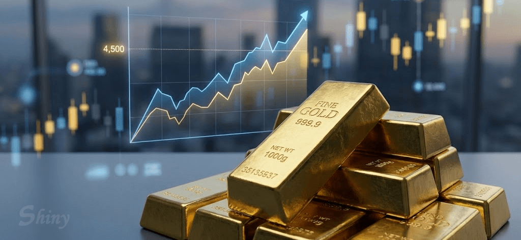 堆疊的純金金條與向上攀升的數位股市趨勢圖，象徵財富增長與投資獲利。