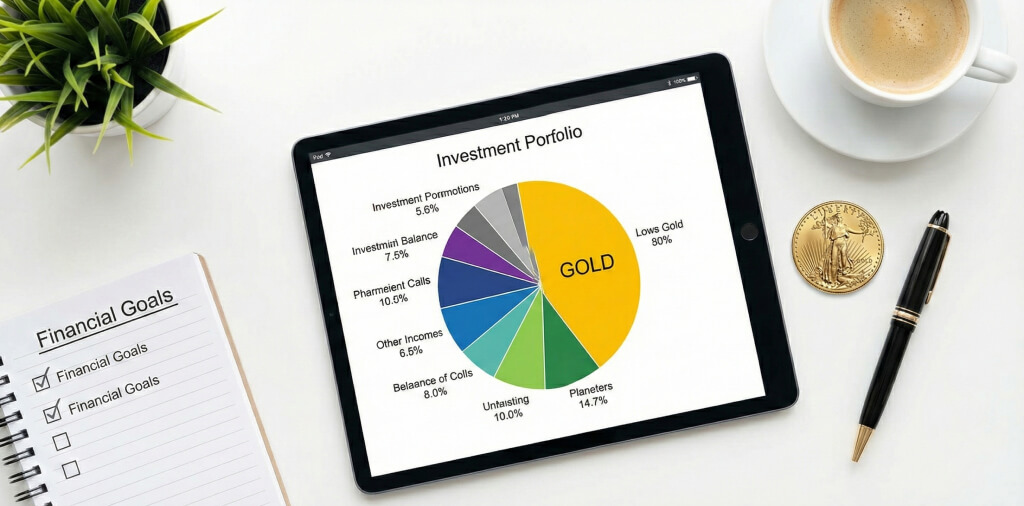 平板電腦上顯示強調黃金配置的數位投資組合，旁邊放著一枚實體金幣。