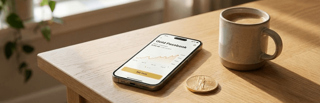 手機顯示黃金存摺App畫面與實體金幣對比
