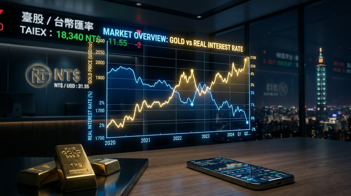 國際金價與美國實質利率走勢對比圖,背景融合台灣新台幣匯率與銀行牌價視覺。