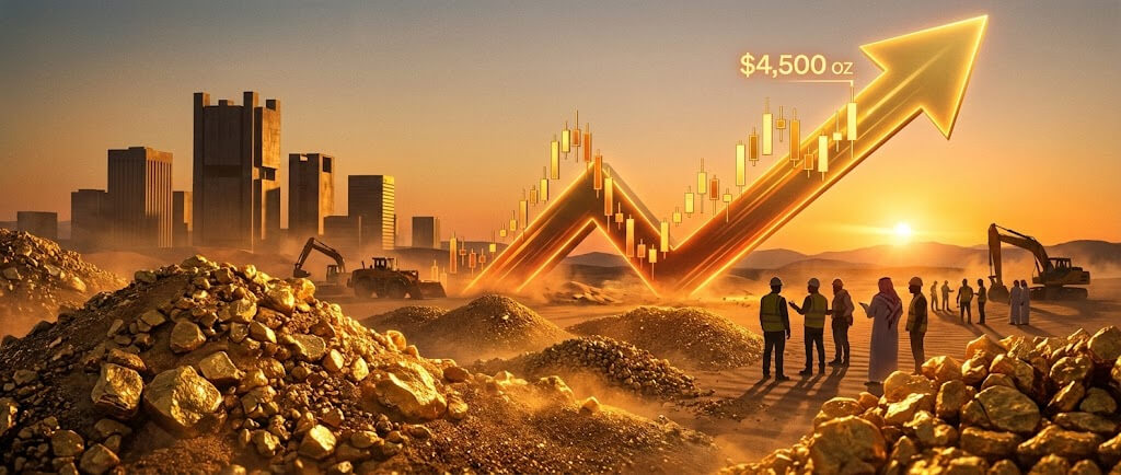 金價衝上4500美元：沙烏地金礦、城市天際線與K線圖