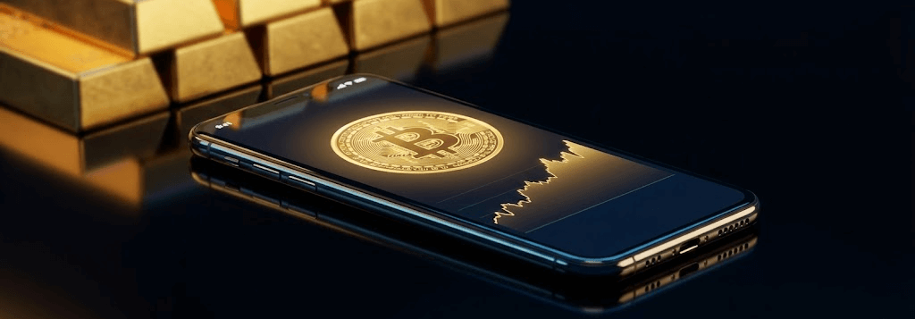 手機顯示黃金代幣交易介面與數位資產流動性示意