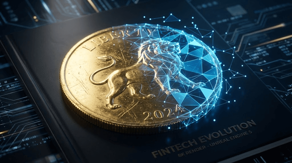 黃金代幣結合區塊鏈技術與實體黃金的視覺概念圖