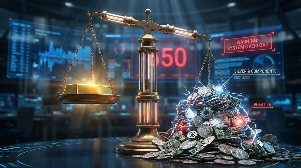 黃金避險與白銀工業需求波動對比的貴金屬天平概念圖。