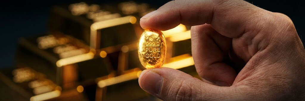 手持999.9純金金豆特寫，背景為金條。