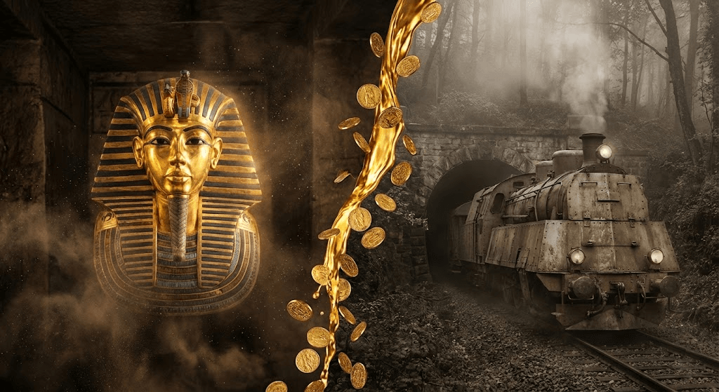 圖坦卡門黃金面具與駛入迷霧隧道的納粹黃金列車藝術合成圖