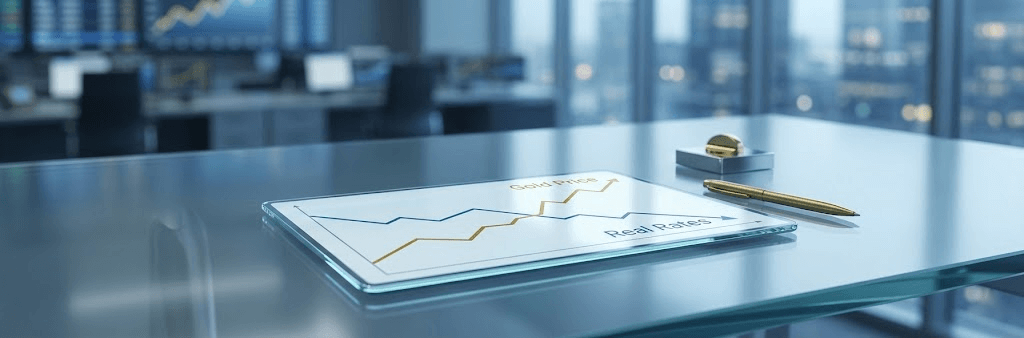 現代辦公桌上的透明平板，顯示金價上漲與實質利率下滑的對比走勢圖。