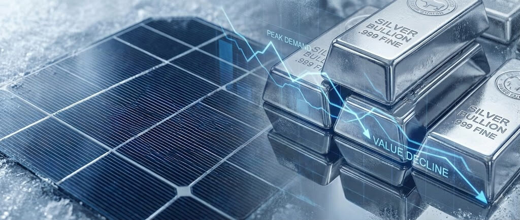 白銀條塊與太陽能板，疊加顯示需求高峰及價值下降的金融趨勢圖。