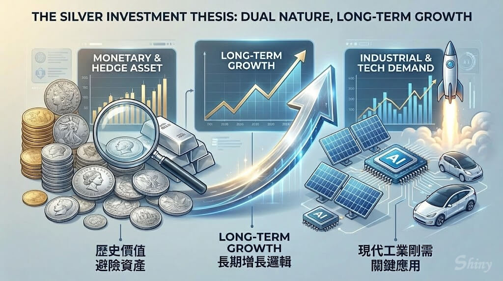 視覺化展示白銀投資的雙重屬性：左側為象徵貨幣避險價值的銀幣，右側為象徵工業需求的太陽能板與電動車，中間以強勁上升箭頭連接。