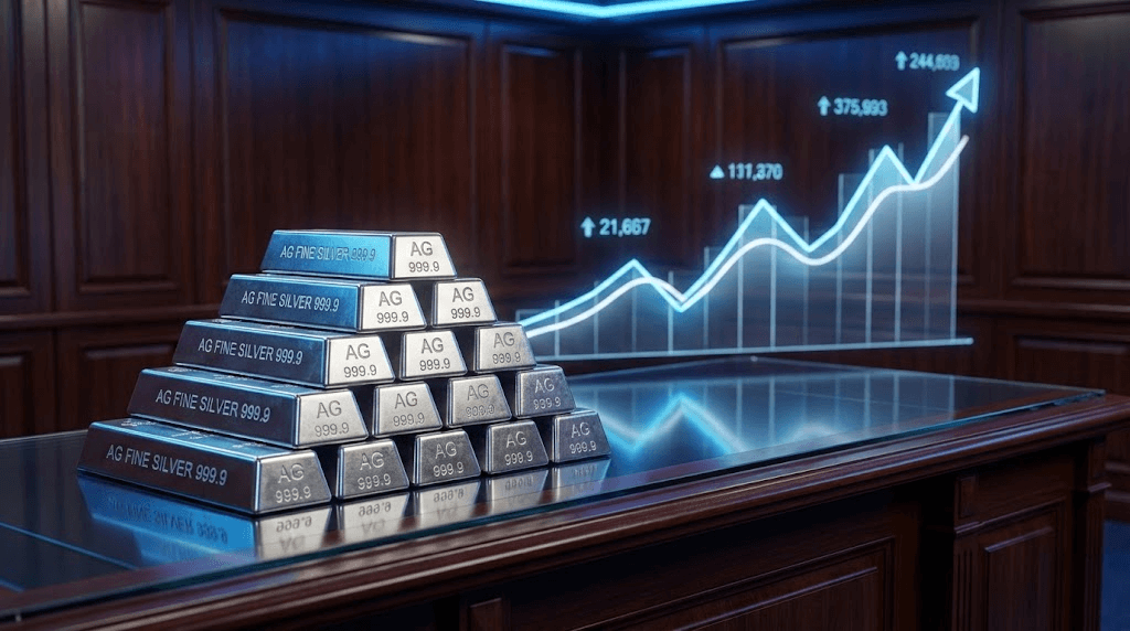 堆疊的銀條與背後的金融上升趨勢線，象徵白銀價格預測。