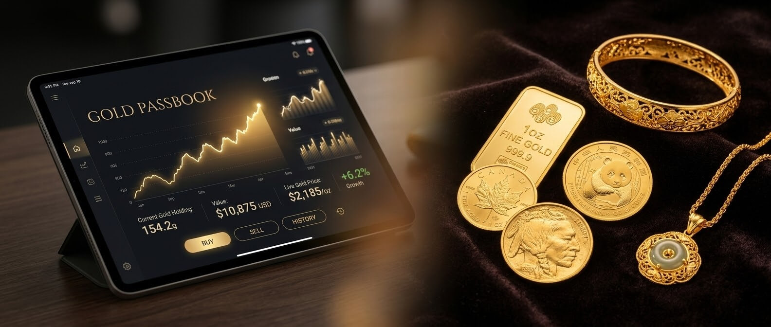 台灣黃金存摺數位投資介面與實體黃金、金幣的資產配置對比。